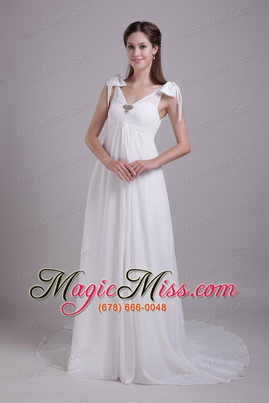 wholesale white empire v-neck brush train chiffon beading wedding dress