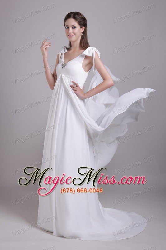 wholesale white empire v-neck brush train chiffon beading wedding dress