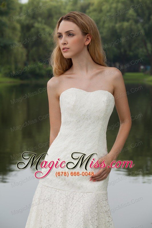 wholesale classical column / sheath strapless court train lace wedding dress