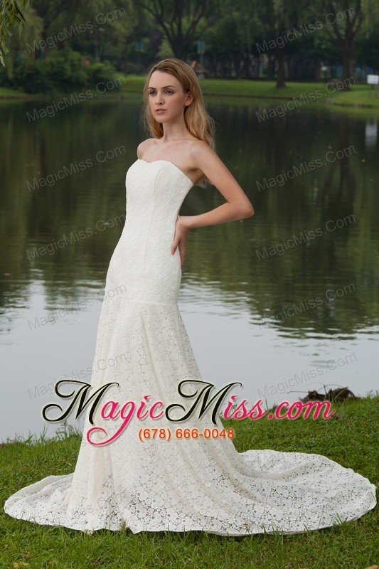 wholesale classical column / sheath strapless court train lace wedding dress