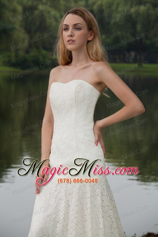 wholesale classical column / sheath strapless court train lace wedding dress