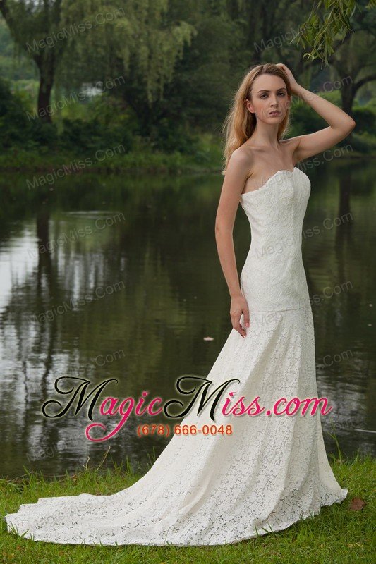 wholesale classical column / sheath strapless court train lace wedding dress