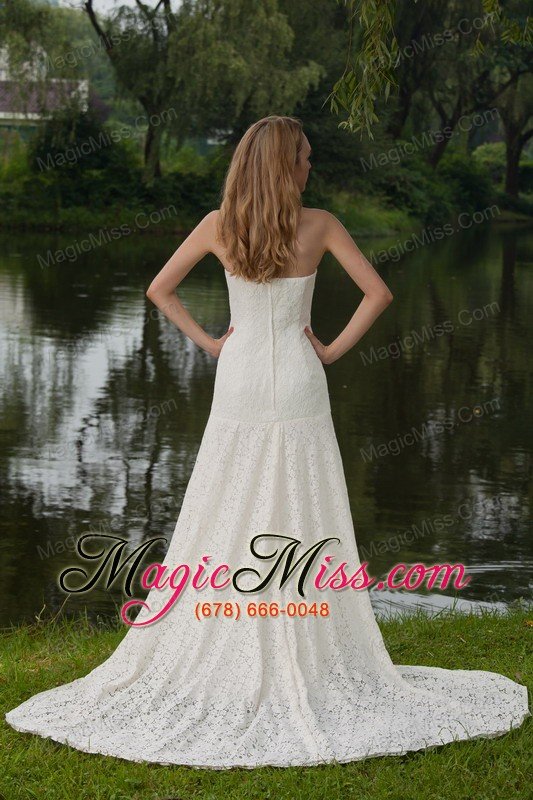 wholesale classical column / sheath strapless court train lace wedding dress