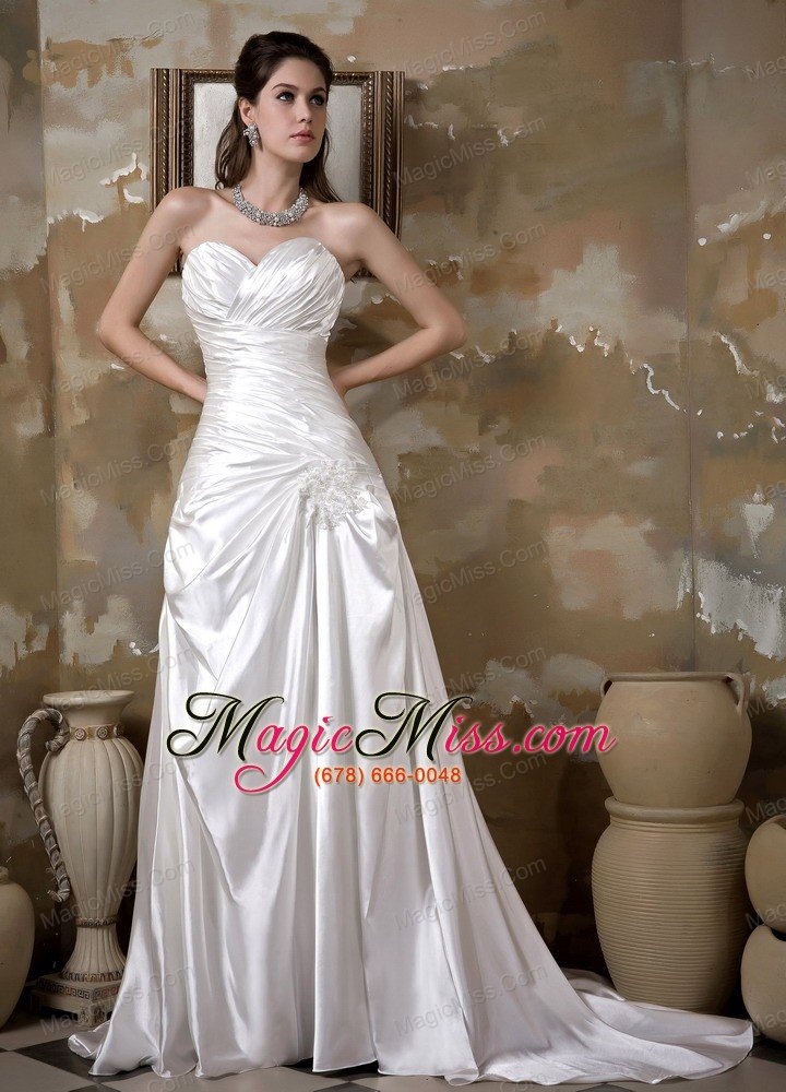 wholesale elegant a-line sweetheart court train elastic wove satin appliques ruch wedding dress