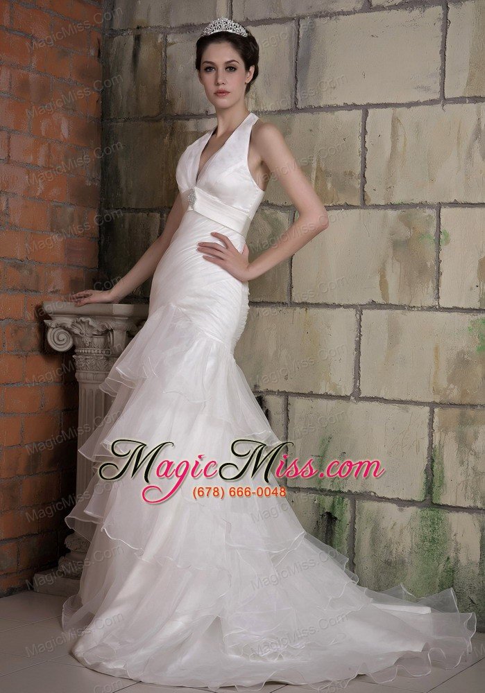 wholesale beautiful mermaid halter court train taffeta and organza beading wedding dress