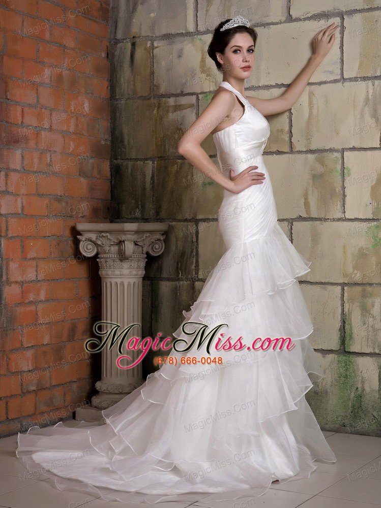 wholesale beautiful mermaid halter court train taffeta and organza beading wedding dress