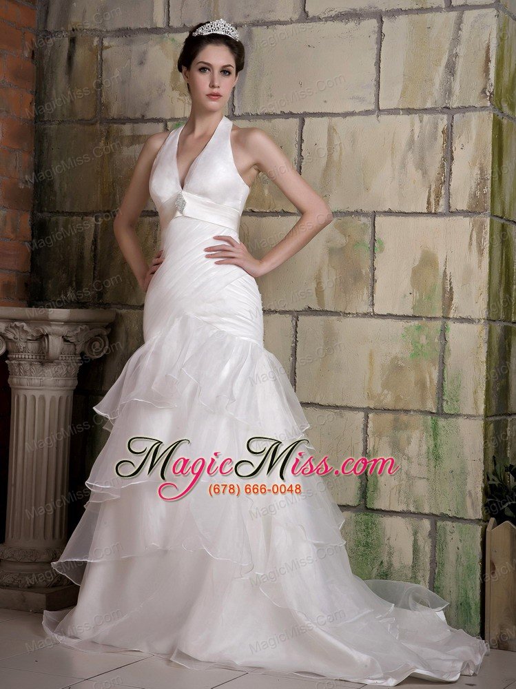 wholesale beautiful mermaid halter court train taffeta and organza beading wedding dress