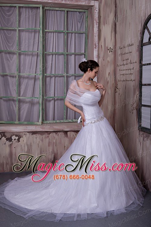 wholesale elegant a-line / princess strapless chapel train tulle appliques with beading wedding dress