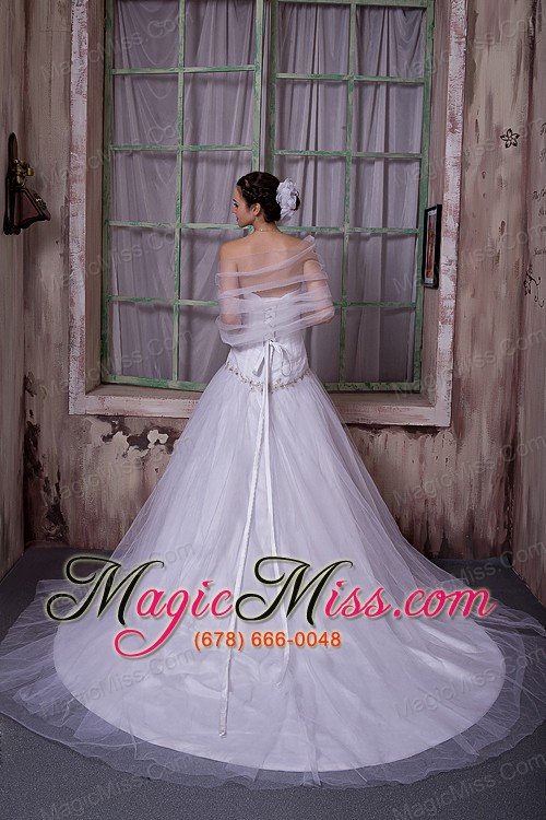 wholesale elegant a-line / princess strapless chapel train tulle appliques with beading wedding dress