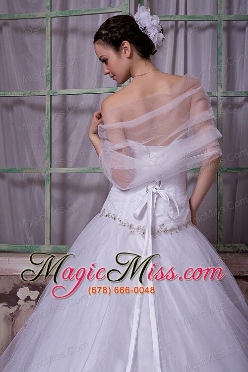 wholesale elegant a-line / princess strapless chapel train tulle appliques with beading wedding dress