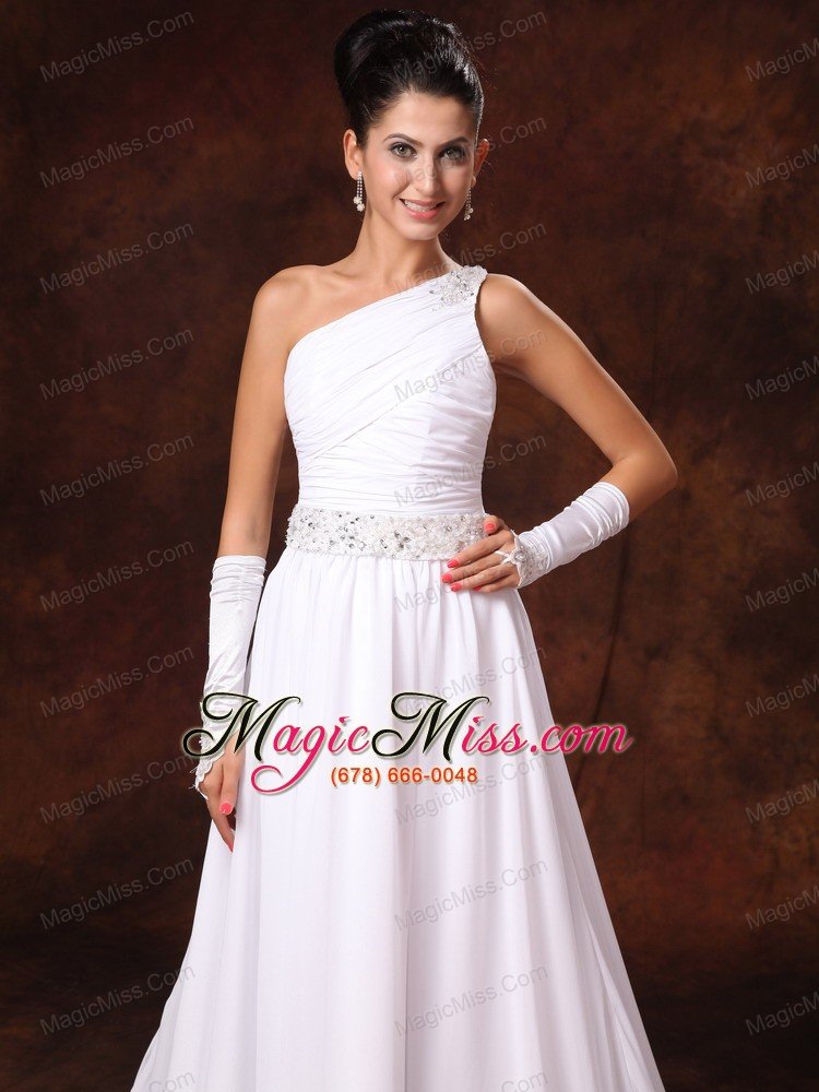 wholesale one shoulder empire beaded decorate waist chiffon court train garden wedding dress for 2013