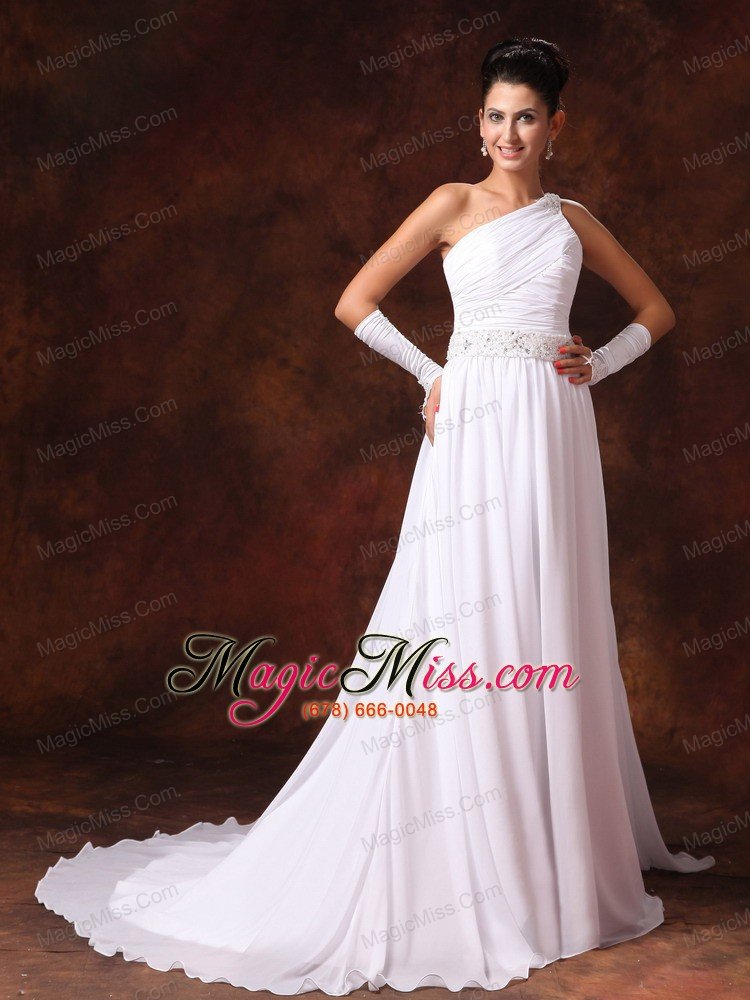 wholesale one shoulder empire beaded decorate waist chiffon court train garden wedding dress for 2013