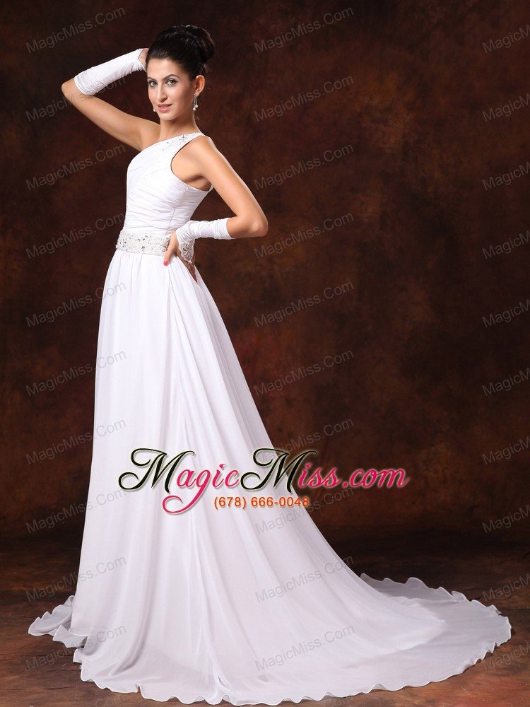 wholesale one shoulder empire beaded decorate waist chiffon court train garden wedding dress for 2013