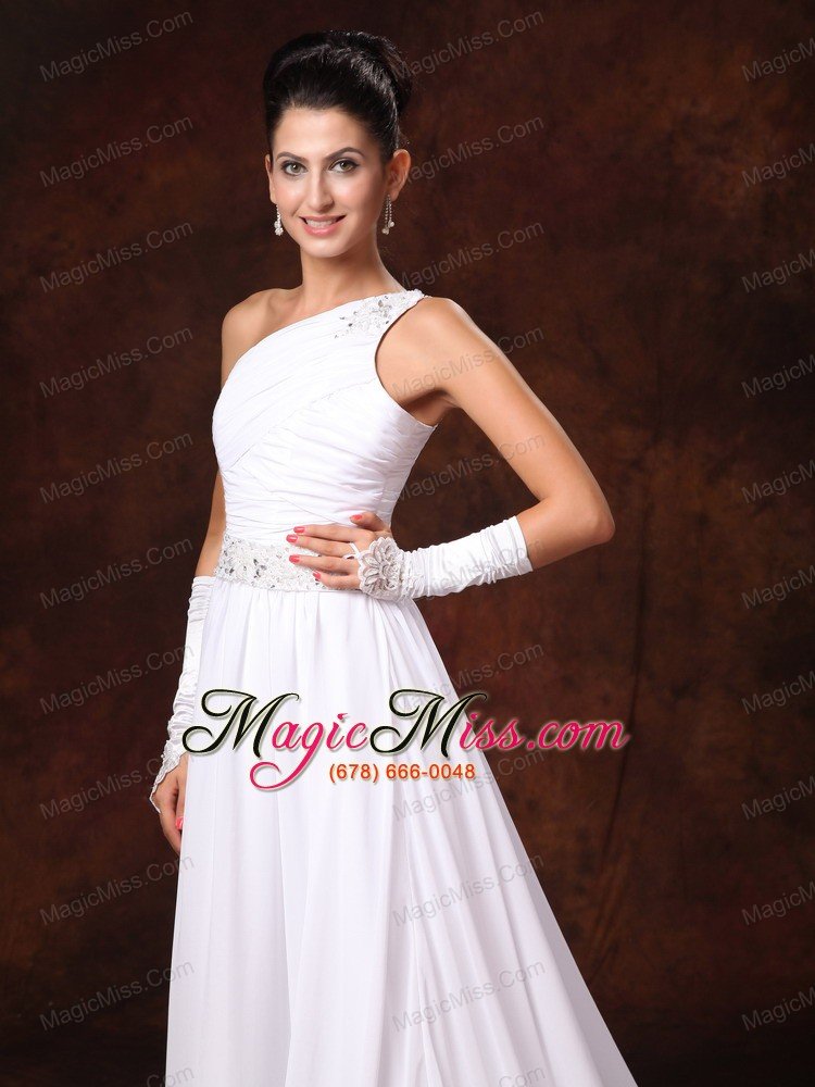 wholesale one shoulder empire beaded decorate waist chiffon court train garden wedding dress for 2013