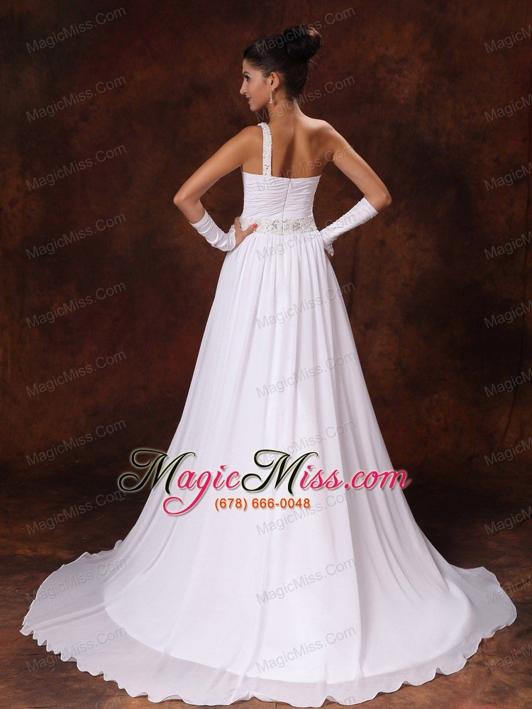 wholesale one shoulder empire beaded decorate waist chiffon court train garden wedding dress for 2013