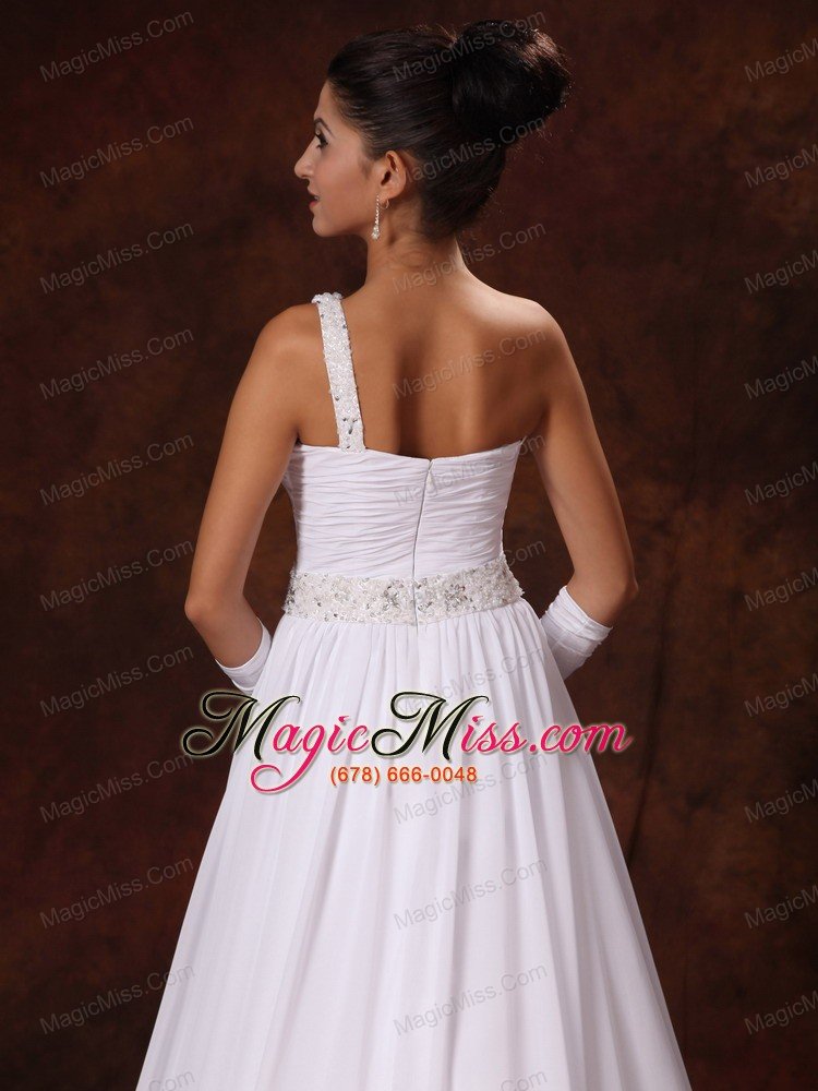 wholesale one shoulder empire beaded decorate waist chiffon court train garden wedding dress for 2013