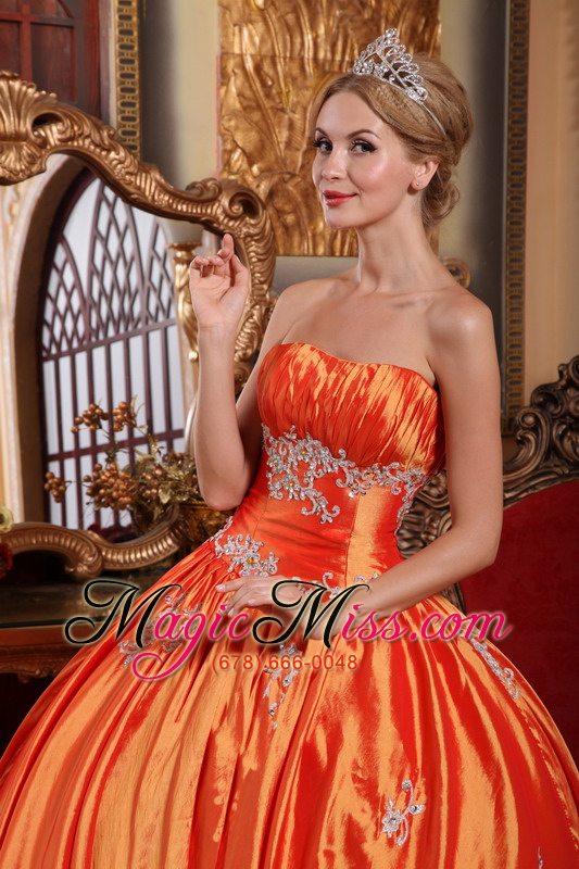 wholesale orange red ball gown strapless floor-length taffeta appliques quinceanera dress