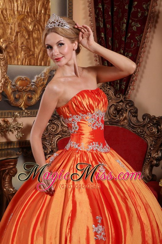 wholesale orange red ball gown strapless floor-length taffeta appliques quinceanera dress