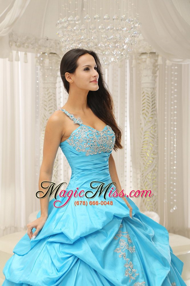 wholesale aqua one shoulder embroidery decorate quinceanera dress with organza