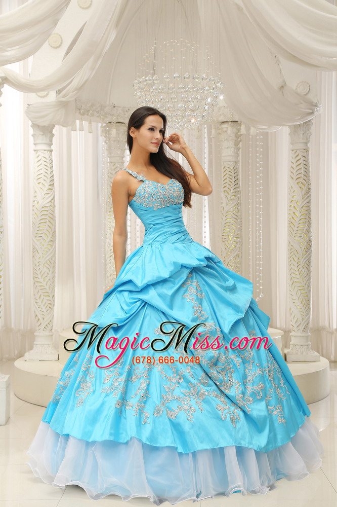 wholesale aqua one shoulder embroidery decorate quinceanera dress with organza