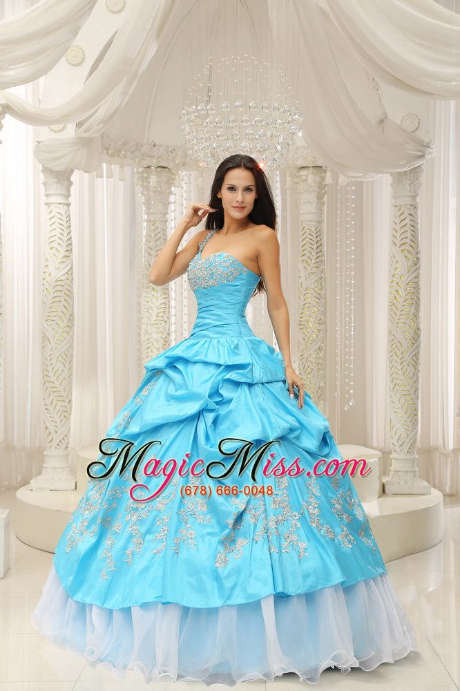 wholesale aqua one shoulder embroidery decorate quinceanera dress with organza