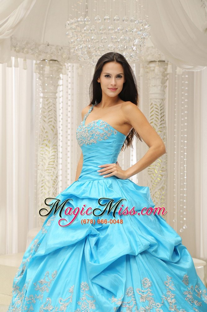 wholesale aqua one shoulder embroidery decorate quinceanera dress with organza