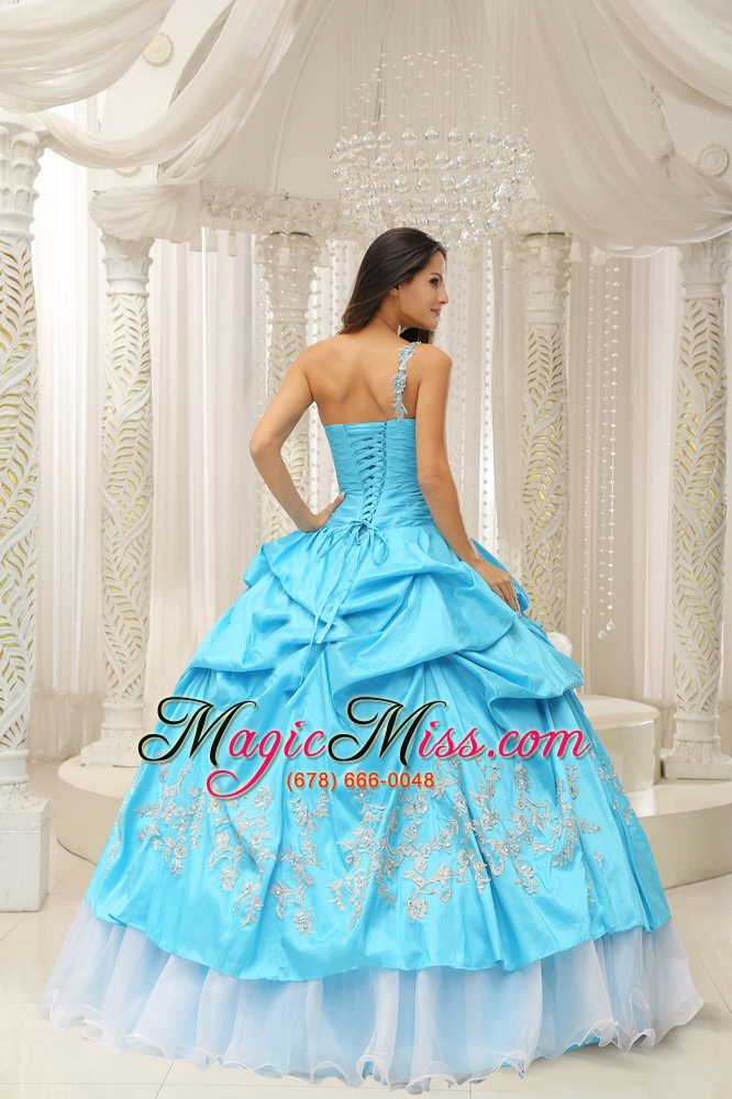 wholesale aqua one shoulder embroidery decorate quinceanera dress with organza