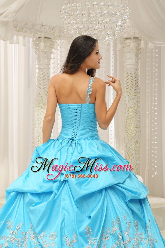 wholesale aqua one shoulder embroidery decorate quinceanera dress with organza