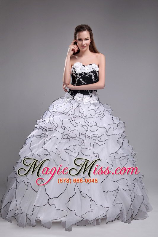 wholesale white ball gown sweetheart floor-length orangza applqiues and ruffles quinceanera dress