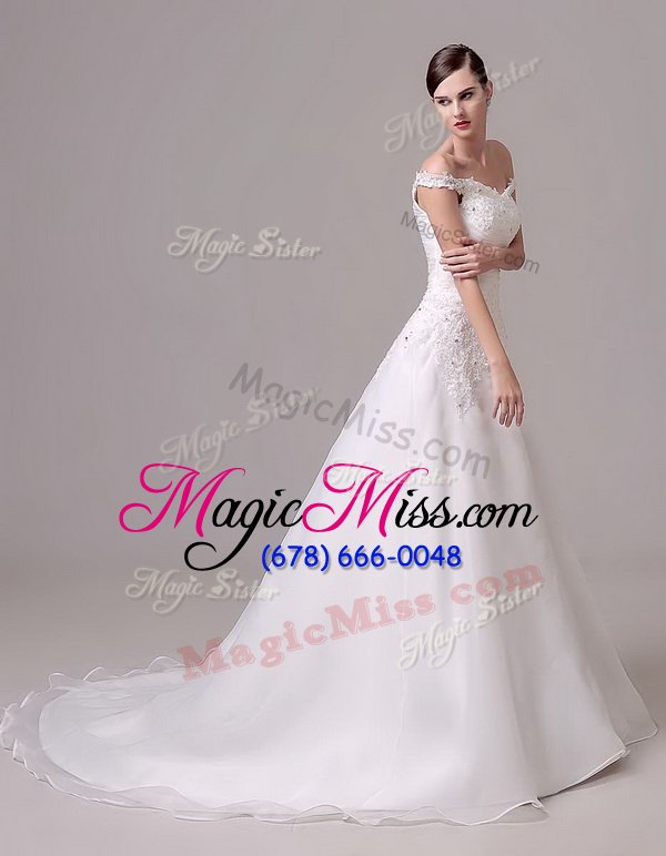 wholesale luxury white wedding dresses wedding party and for with beading and appliques and ruching off the shoulder sleeveless court train clasp handle