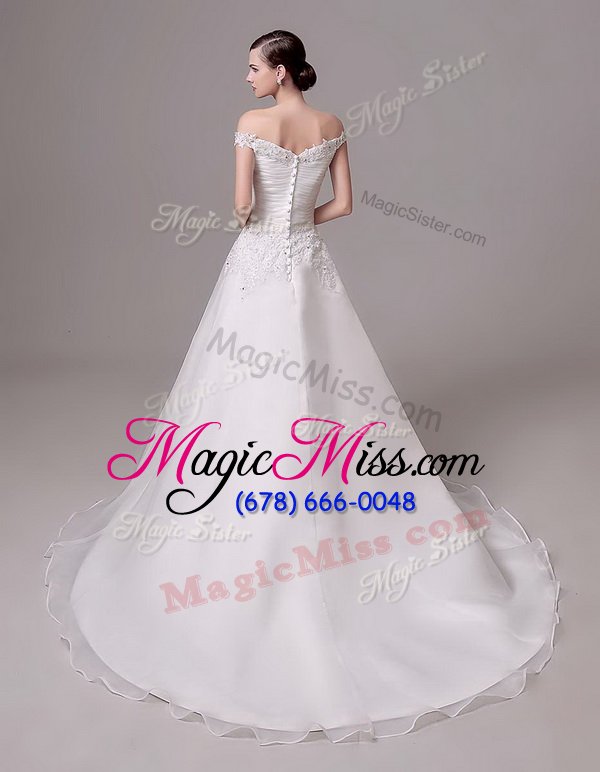 wholesale luxury white wedding dresses wedding party and for with beading and appliques and ruching off the shoulder sleeveless court train clasp handle