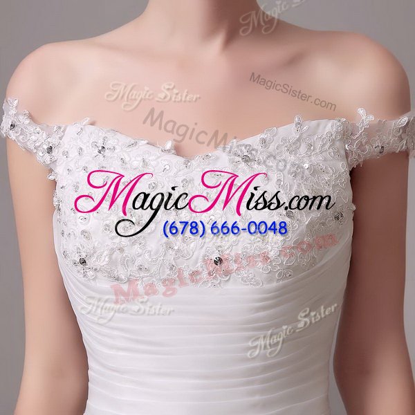 wholesale luxury white wedding dresses wedding party and for with beading and appliques and ruching off the shoulder sleeveless court train clasp handle