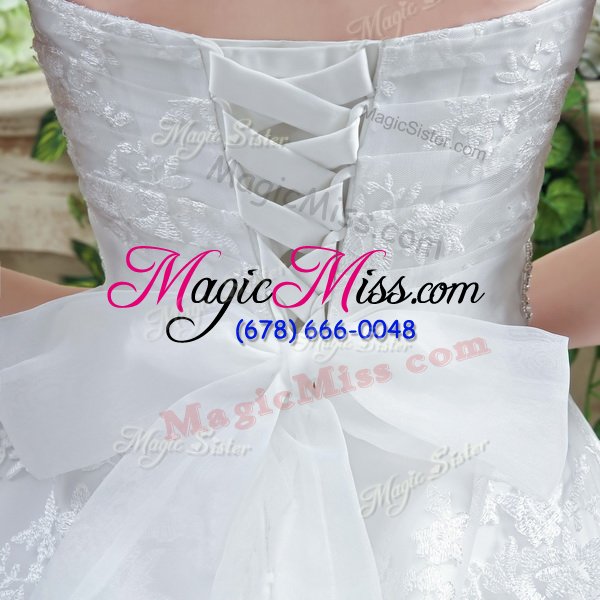 wholesale customized sleeveless court train appliques and bowknot lace up wedding dress