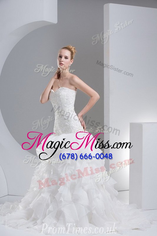 wholesale glorious ruffled brush train a-line wedding gowns white sweetheart organza sleeveless with train lace up