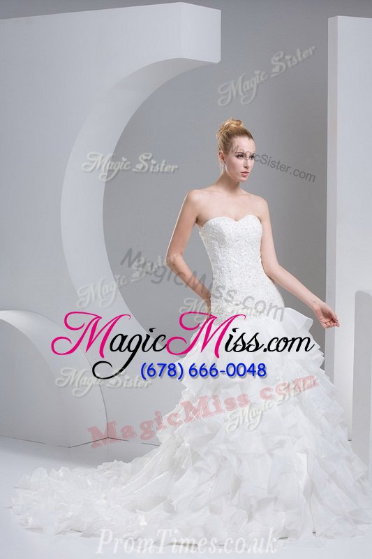 wholesale glorious ruffled brush train a-line wedding gowns white sweetheart organza sleeveless with train lace up