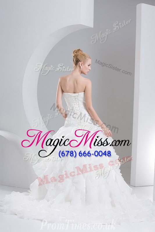 wholesale glorious ruffled brush train a-line wedding gowns white sweetheart organza sleeveless with train lace up