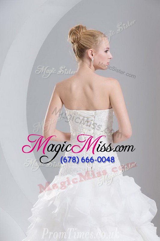 wholesale glorious ruffled brush train a-line wedding gowns white sweetheart organza sleeveless with train lace up