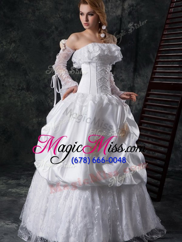 wholesale artistic taffeta sleeveless floor length wedding gowns and lace and appliques and pick ups