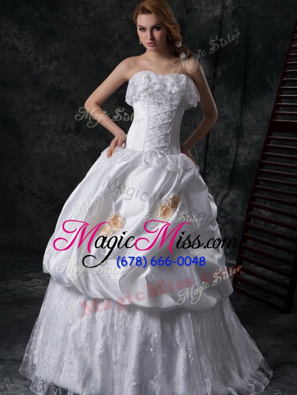 wholesale artistic taffeta sleeveless floor length wedding gowns and lace and appliques and pick ups