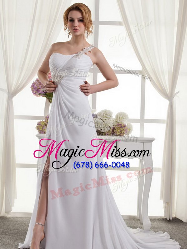 wholesale best one shoulder beading and ruching wedding dresses white lace up sleeveless