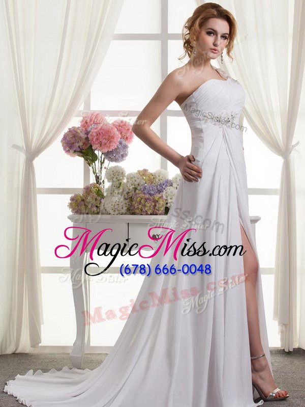 wholesale best one shoulder beading and ruching wedding dresses white lace up sleeveless