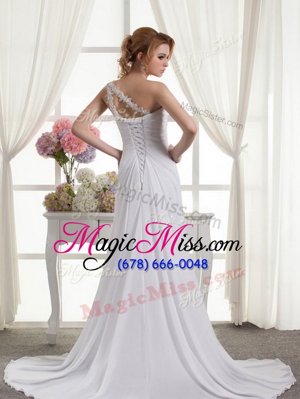 wholesale best one shoulder beading and ruching wedding dresses white lace up sleeveless