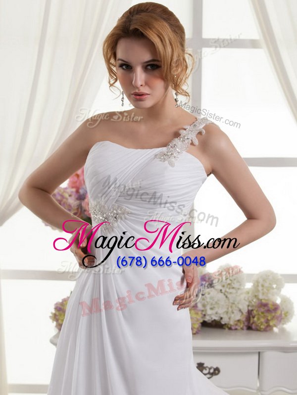 wholesale best one shoulder beading and ruching wedding dresses white lace up sleeveless