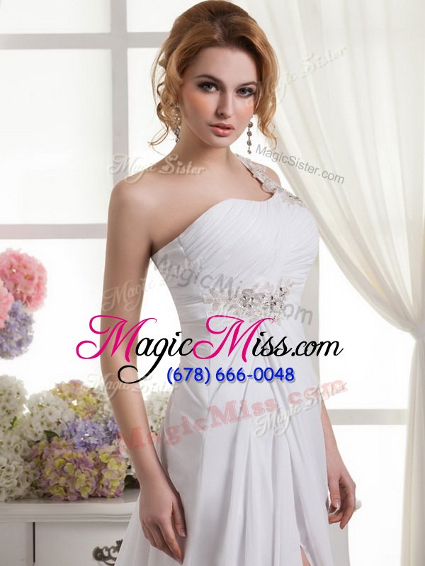 wholesale best one shoulder beading and ruching wedding dresses white lace up sleeveless