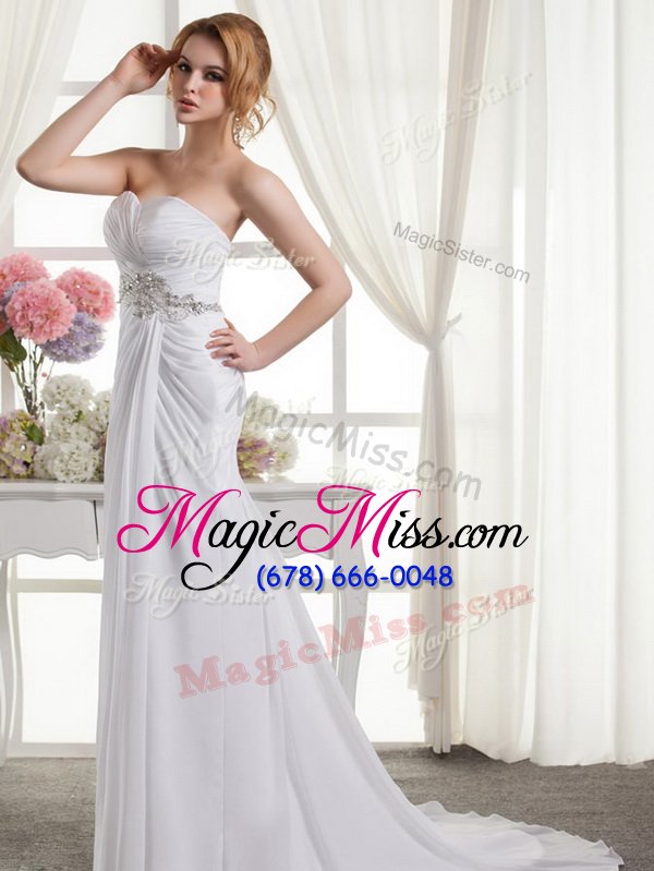 wholesale most popular sleeveless chiffon sweep train lace up wedding gowns in white for with beading and ruching