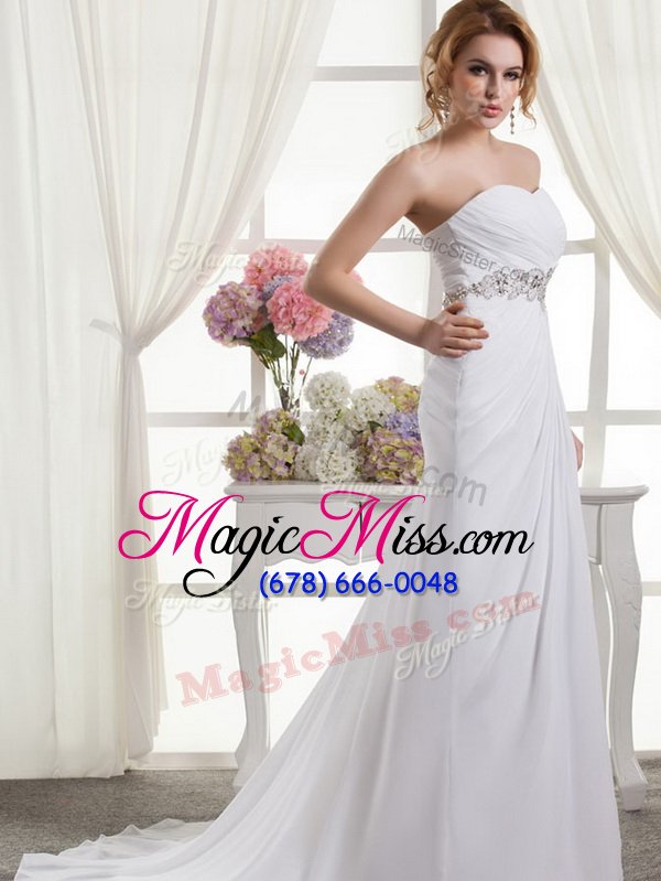 wholesale most popular sleeveless chiffon sweep train lace up wedding gowns in white for with beading and ruching