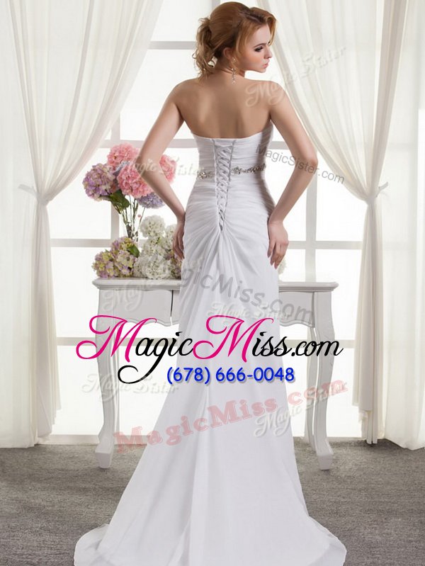 wholesale most popular sleeveless chiffon sweep train lace up wedding gowns in white for with beading and ruching