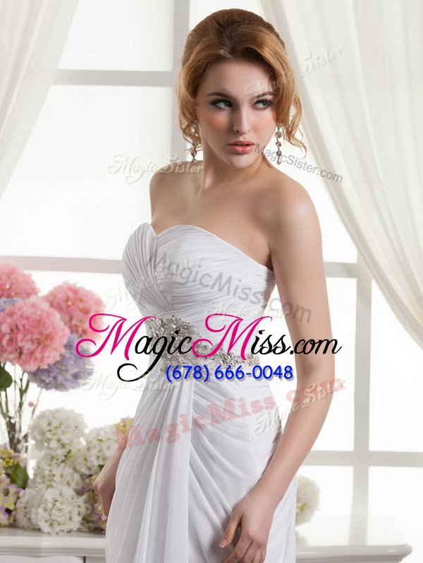 wholesale most popular sleeveless chiffon sweep train lace up wedding gowns in white for with beading and ruching