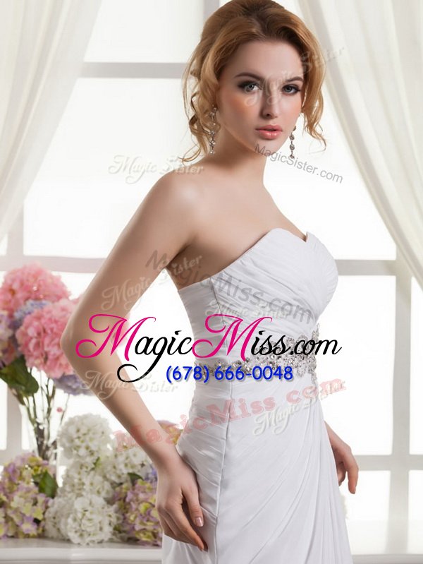 wholesale most popular sleeveless chiffon sweep train lace up wedding gowns in white for with beading and ruching