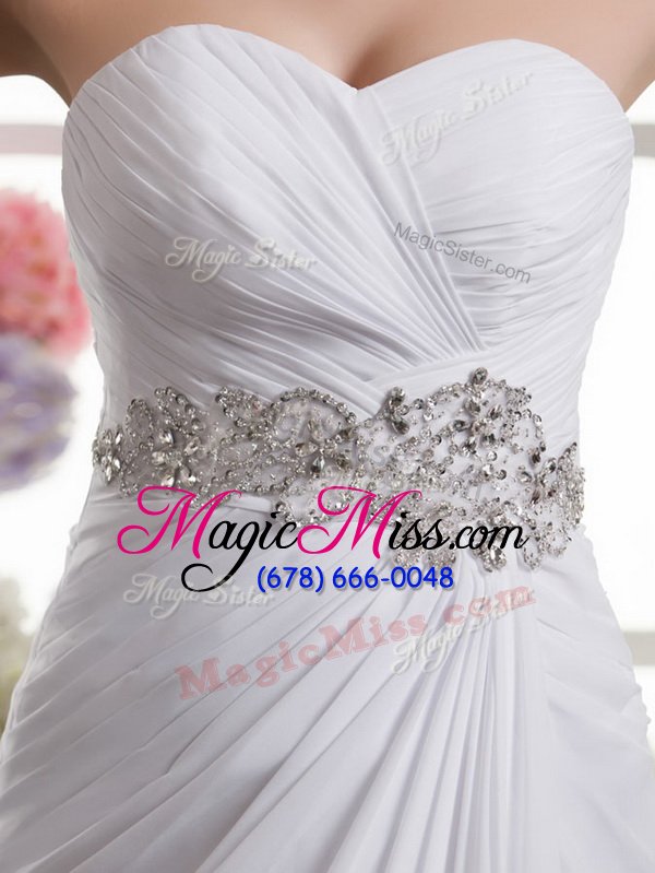 wholesale most popular sleeveless chiffon sweep train lace up wedding gowns in white for with beading and ruching